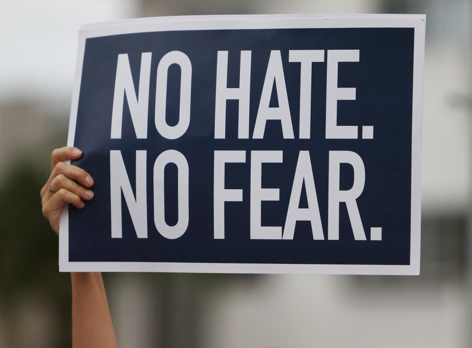 A sign at an interfaith rally against antisemitism