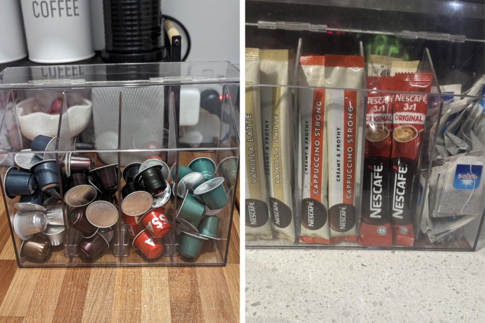 L: Coffee pods in Kmart's modular storage container. R: Coffee sachets and tea bags in Kmart modular storage container.