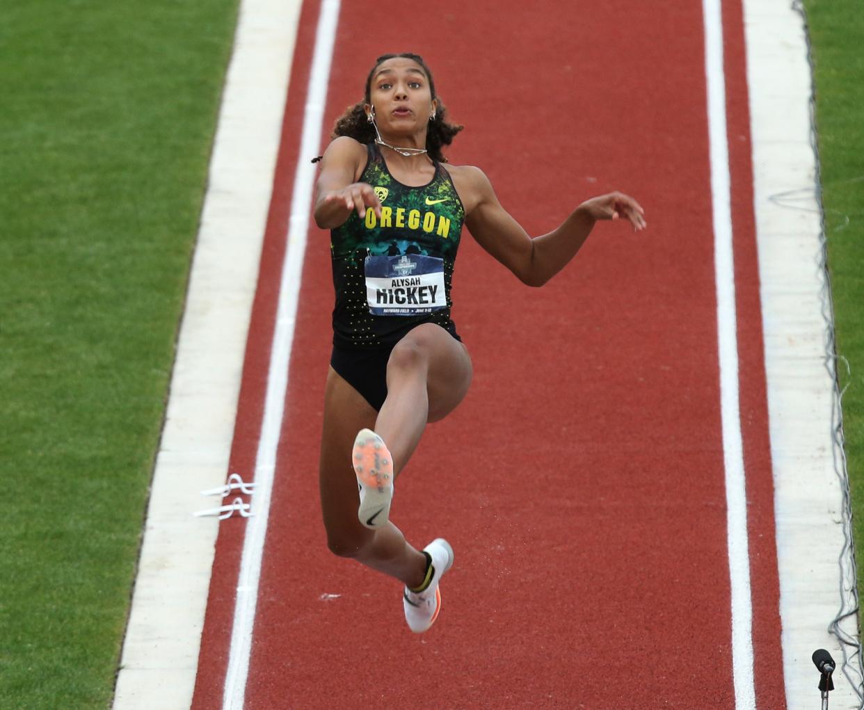 Oregon's Alysah Hickey competes on the Women's Long Jump at the he NCAA Track and Field Championships at Hayward Field. 