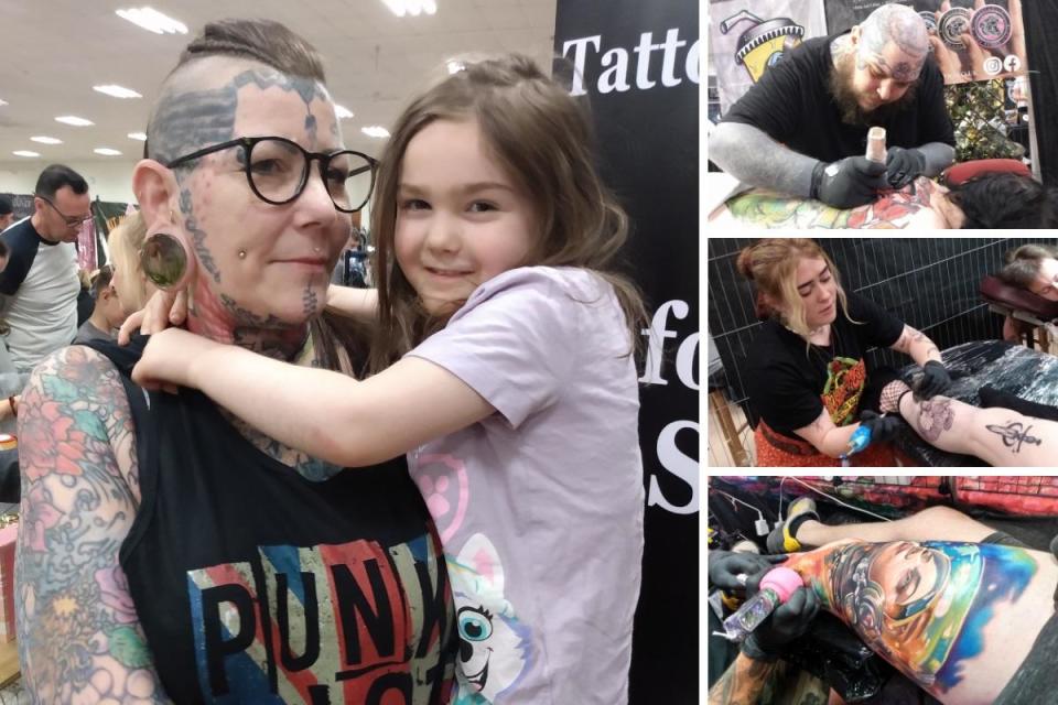 Main image: tattooist and convention organiser Pam Green with her granddaughter Willow. Right: tattooists at work &lt;i&gt;(Image: Stephen Lewis)&lt;/i&gt;
