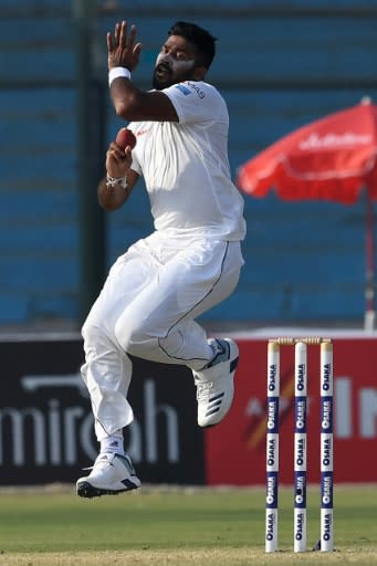 Sri Lanka's Lahiru Kumara in full stride against Pakistan in the first Testat the National Stadium in Karachi