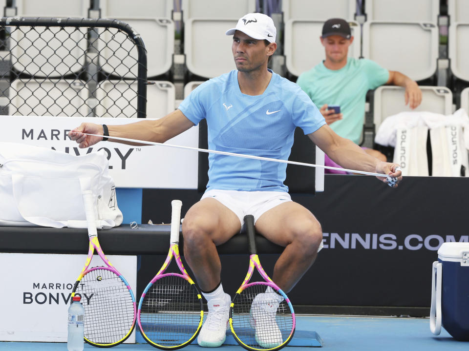 Rafael Nadal of Spain attends a training session ahead of the Brisbane International tennis tournament in Brisbane, Australia, Thursday, Dec. 28, 2023. (AP Photo/Tertius Pickard)