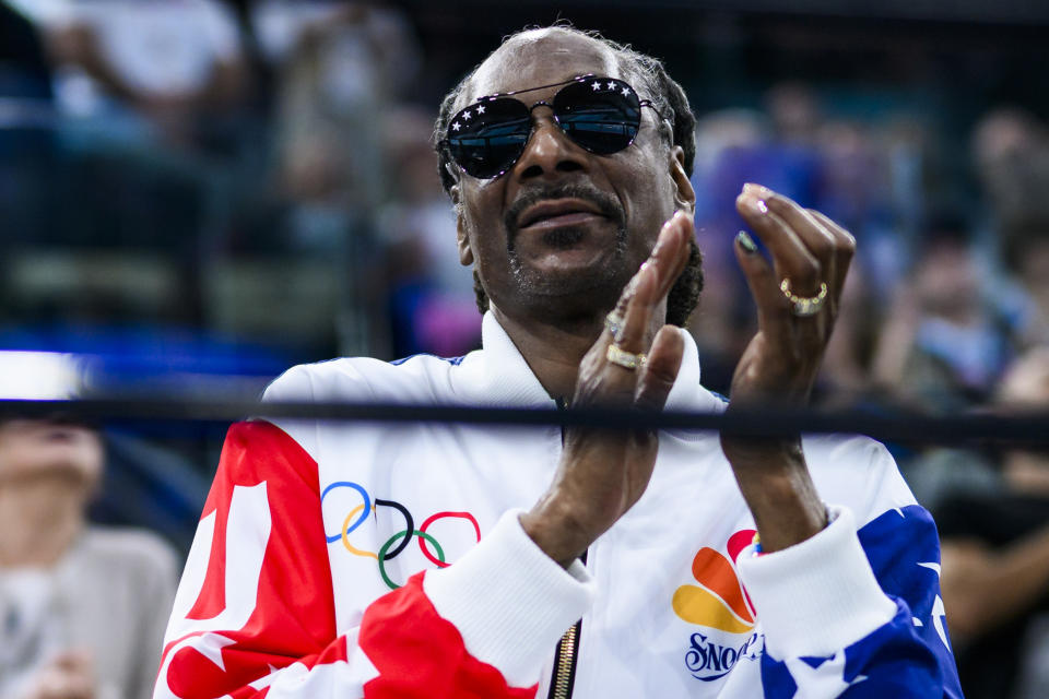 Snoop Dogg reacts in the stands during day two of the Paris 2024 Olympic Games at the Bercy Arena in Paris, France on July 28, 2024. (Photo by Tom Weller/VOIGT/Getty Images)