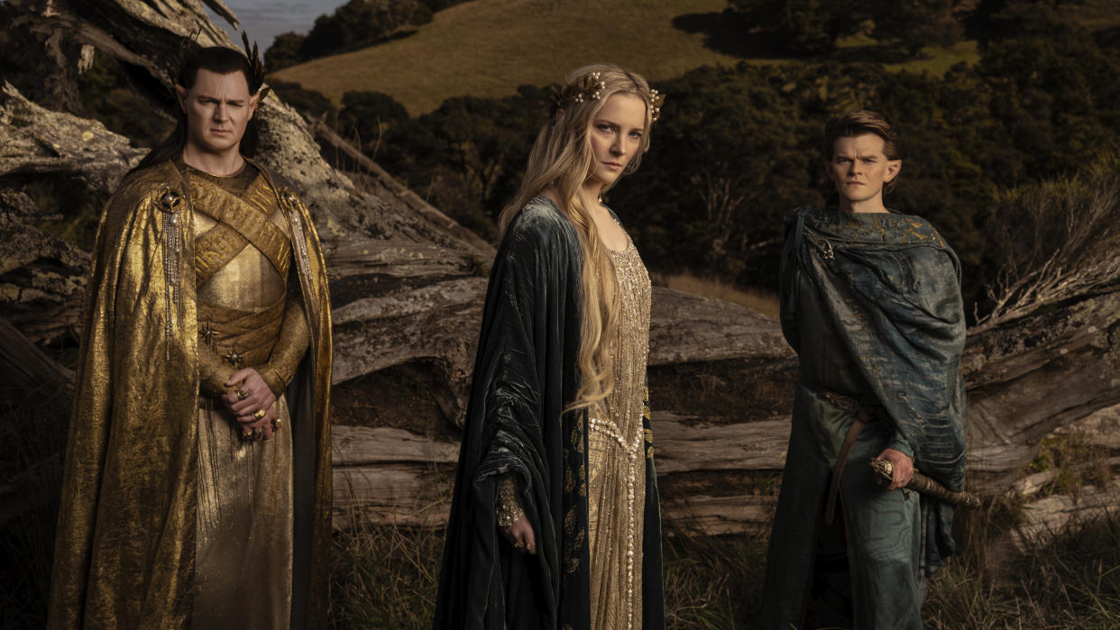 The Rings of Power introduces High King Gil-galad (left) and introduces a younger version of Elrond (right) alongside Morfydd Clark as Galadriel. (Prime Video)