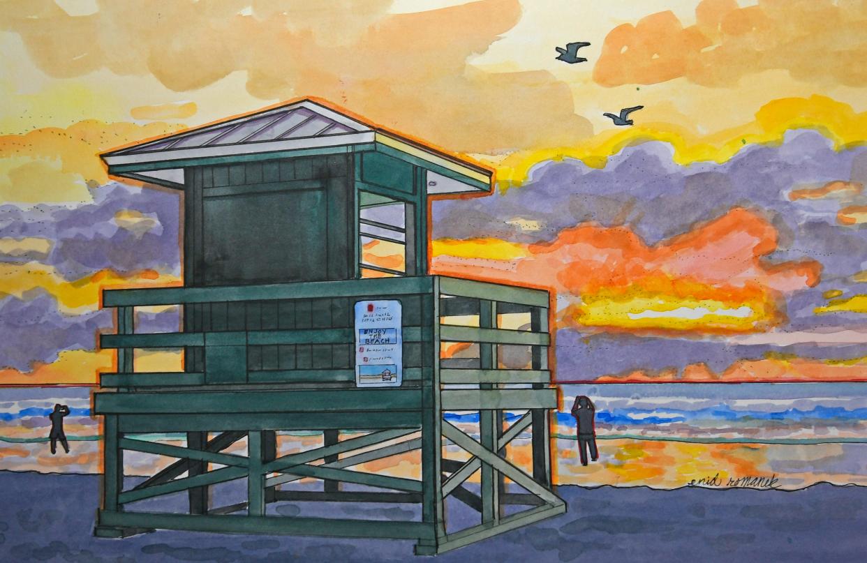 Enid Romanek's pen-and-ink and watercolor of Siesta Key Beach at sunset.