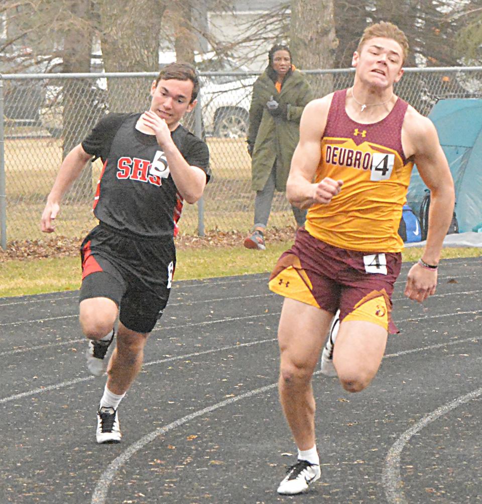 Deubrook Area's Treven Grimsrud, shown competing earlier this year in the Watoma Relays at Watertown, won three individual events and also ran on a winning relay Thursday in the Dakota Valley Conference track and field meet at De Smet. Deubrook Area's boys and girls each took second in the team standings.