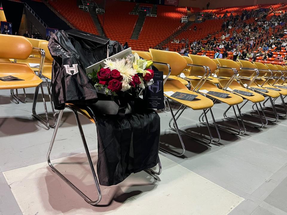 Horizon High School held its commencement ceremony at the Don Haskins Center Friday, June 3.  Javier Amir Rodriguez’s seat is occupied by his cap and gown.