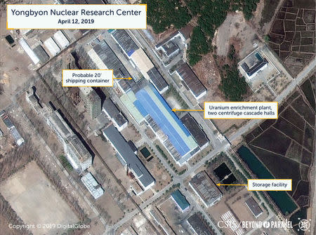 A view of what researchers of Beyond Parallel, a CSIS project, describe as a probably 20-foot shipping container near the uranium enrichment plant at the Yongbyon Nuclear Research Center in North Pyongan Province, North Korea, in this commercial satellite image taken April 12, 2019 and released April 16, 2019. CSIS/Beyond Parallel/DigitalGlobe 2019 via REUTERS