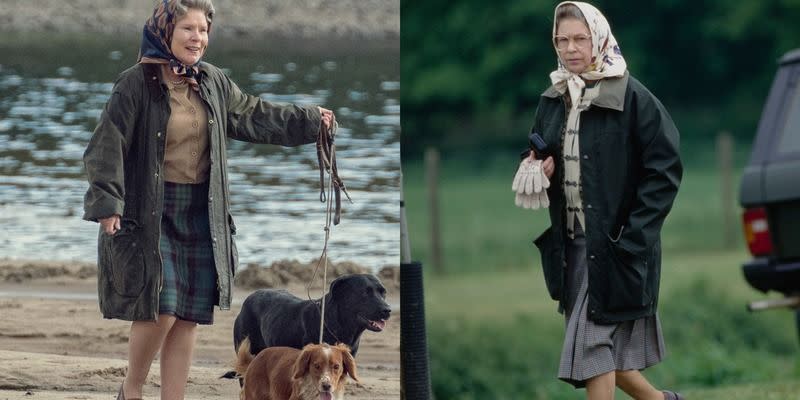 <p>Once again, season 5 of <em>The Crown</em> perfectly recreated Queen Elizabeth's casual headscarf, long jacket, and loose skirt. She's worn a variety of takes on the same outfit over the years, which actress Imelda Staunton brings to life on-screen.</p>