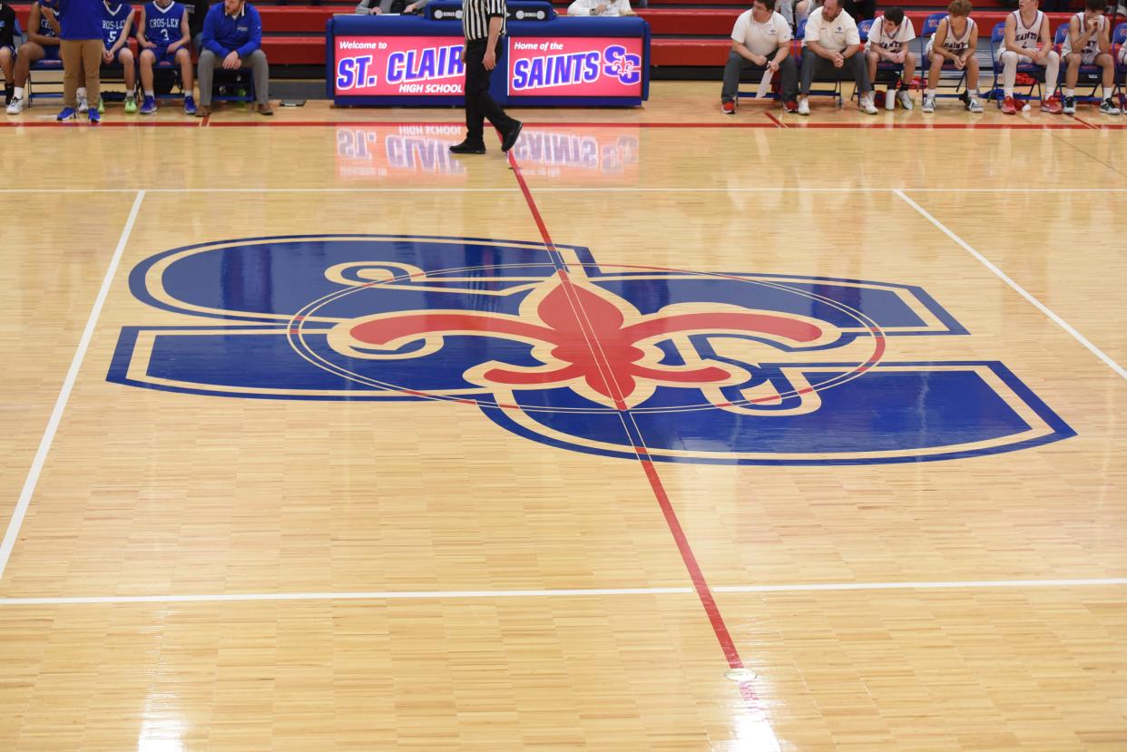 The athletics logo for St. Clair High School is seen at center court of the new gymnasium on Friday, Dec. 8, 2023.