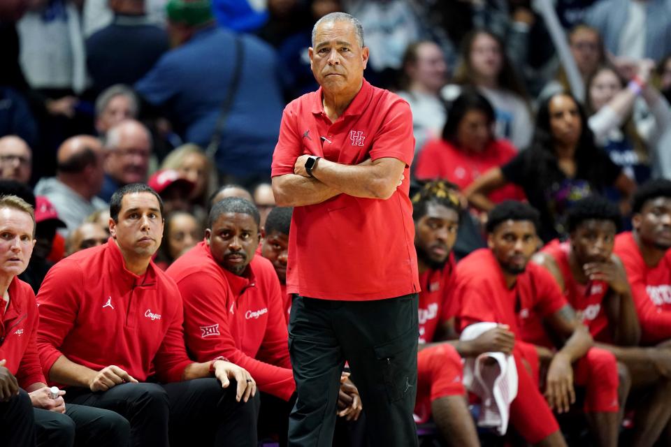 Houston Cougars head coach Kelvin Sampson observes play in the second half of an NCAA college basketball game between the Houston Cougars and the Xavier Musketeers, Friday, Dec. 1, 2023, at Cintas Center in Cincinnati.