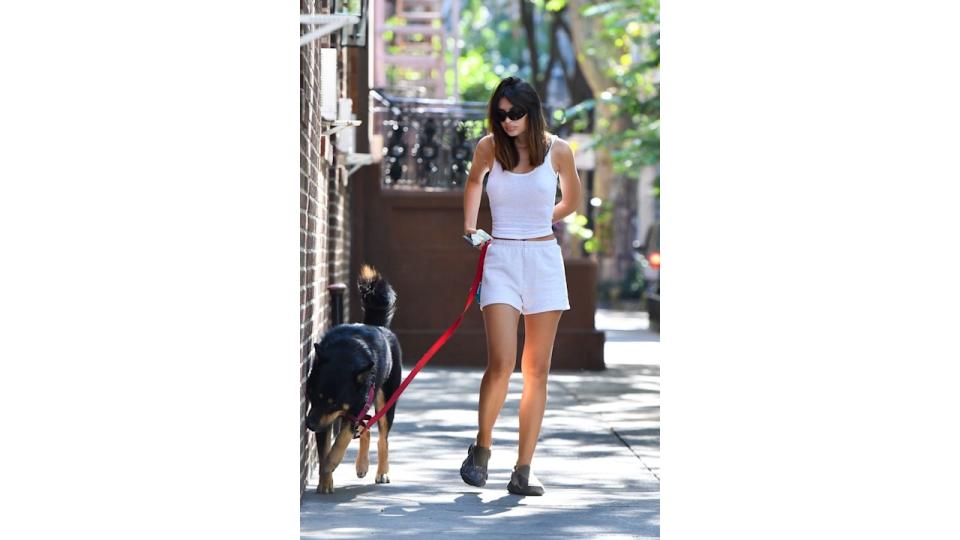 Emily Ratajkowski seen out for a walk with her dog, Colombo, on August 12, 2024 in New York City. (Photo by Robert Kamau/GC Images)