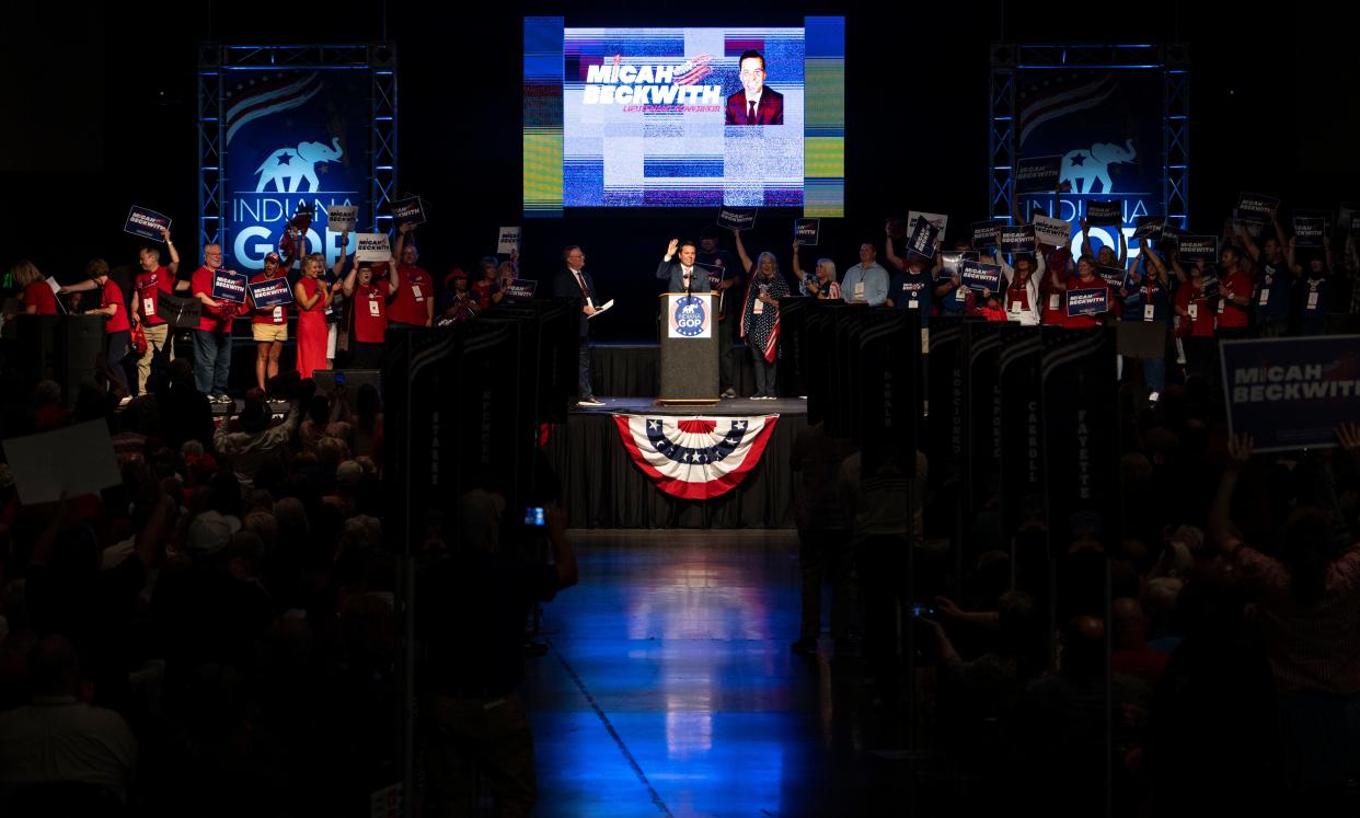 Micah Beckwith discusses why he wants to serve as the state's next lieutenant governor Saturday, June 15, 2024, during the 2024 Indiana GOP State Convention in Indianapolis, Ind.