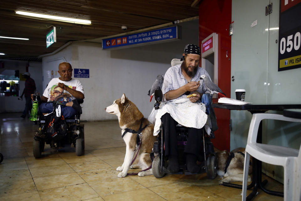 A man feeds his pet parrots at the Central Bus Station on May 29. (Photo: Corinna Kern/Reuters)