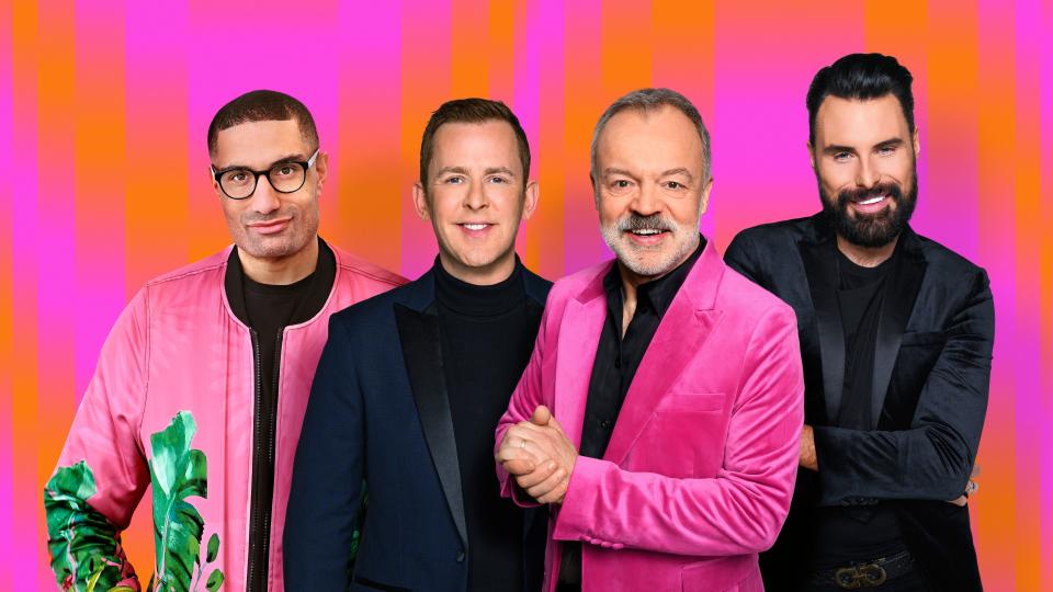 The Eurovision Song Contest 2024 UK hosting team: Richie Anderson, Scott Mills, Graham Norton and Rylan (L-R)