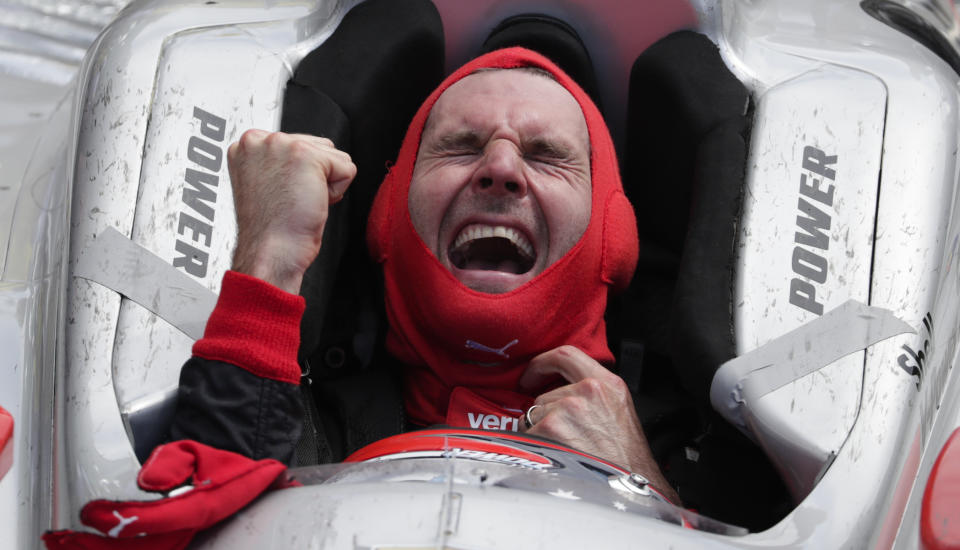 Will Power, of Australia, celebrates after winning the Indianapolis 500 auto race at Indianapolis Motor Speedway in Indianapolis, Sunday, May 27, 2018. (AP)