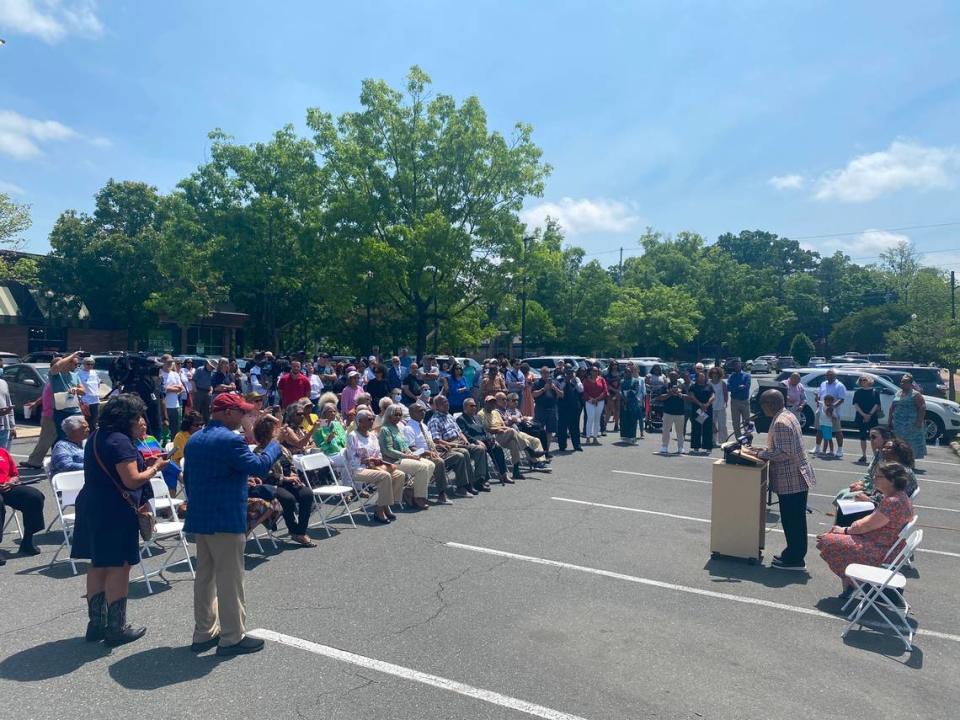 Rev. David Forbes celebrates the unveiling of the latest North Carolina Civil Rights Trail marker in West Raleigh’s Oberlin Village on April 29, 2023. Forbes cofounded the Student Nonviolent Coordinating Committee in 1960 at Shaw University.