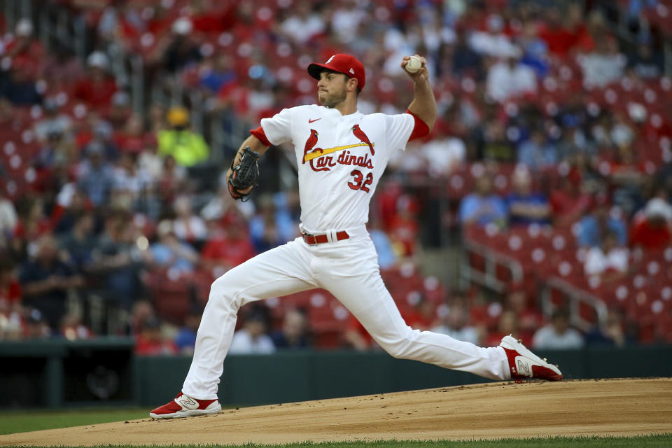 St. Louis Cardinals starting pitcher Steven Matz throws during the first inning of the team's baseball game against the Atlanta Braves on Tuesday, April 4, 2023, in St. Louis. (AP Photo/Scott Kane)