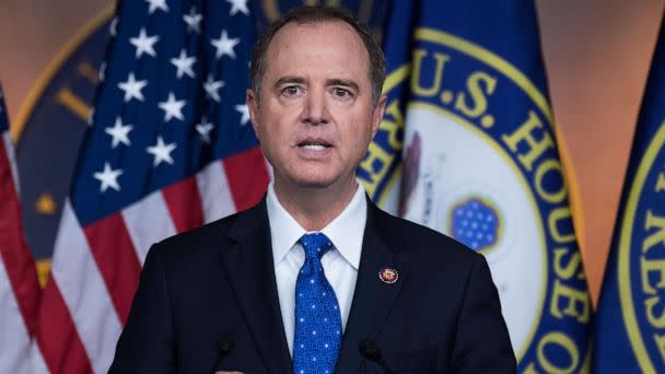 PHOTO:  House Intelligence Committee Chairman Adam Schiff, D-Calif., conducts news conference in the Capitol Visitor Center on the transcript of a phone call between President Trump and Ukrainian President Volodymyr Zelenskiy. (Tom Williams/CQ-Roll Call, Inc via Getty Images)
