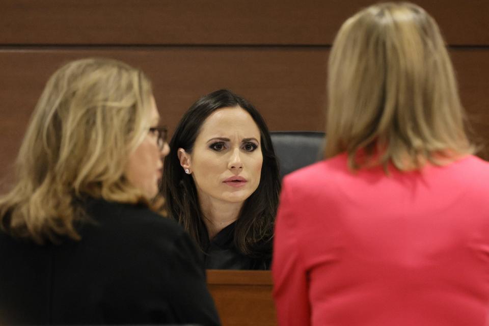 Judge Elizabeth Scherer (center), Assistant State Attorney Carolyn McCann (left), and Assistant Public Defender Melisa McNeill during jury pre-selection in the penalty phase of the trial of Marjory Stoneman Douglas High School shooter Nikolas Cruz at the Broward County Courthouse in Fort Lauderdale, Fla. on Wednesday, April 13, 2022.