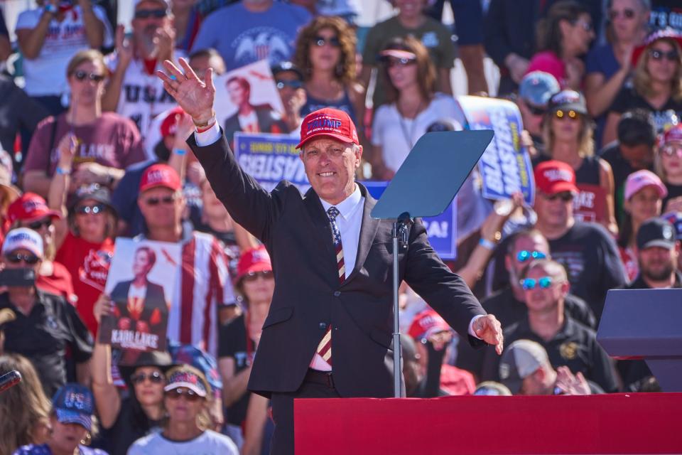 U.S. Rep. Andy Biggs takes the stage during former President Donald Trump's rally at Legacy Sports Park in Mesa on Oct. 9, 2022.