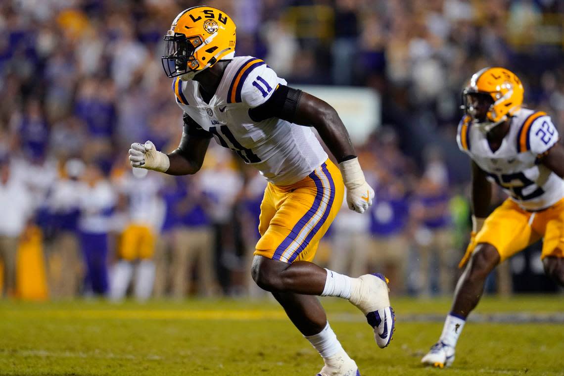 LSU defensive end Ali Gaye (11)covers in the second half of an NCAA college football game against Auburn in Baton Rouge, La., Saturday, Oct. 2, 2021. Auburn won 24-19. (AP Photo/Gerald Herbert)