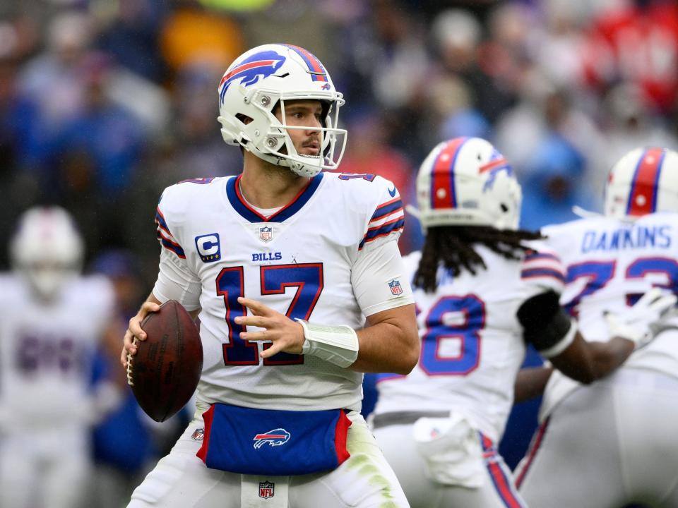 Josh Allen looks to throw against the Baltimore Ravens.