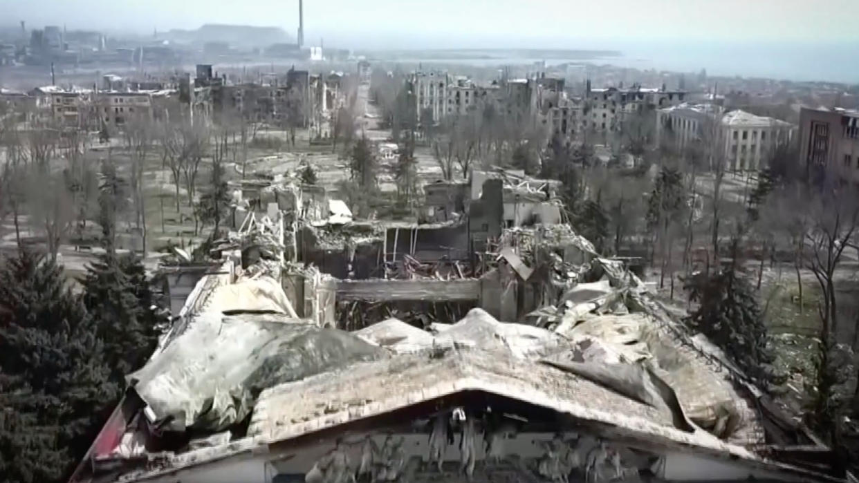 A still image shows damage from the March 16 attack on the Mariupol theater. (Reuters Video)