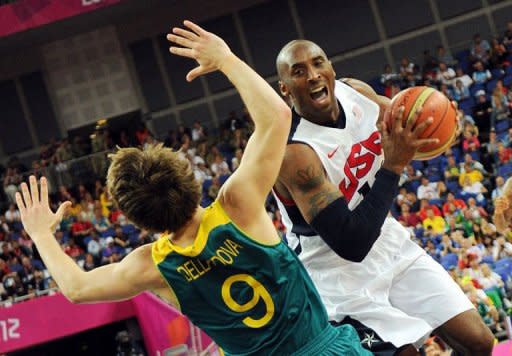 Australian guard Matt Dellavedova (L) challenges US guard Kobe Bryant (R) during their London 2012 Olympic Games men's quarterfinal basketball match in London. Defending champions United States will play 2004 gold medallists Argentina and reigning European kings Spain will meet Russia in the Olympic men's basketball semi-finals after triumphs on Wednesday