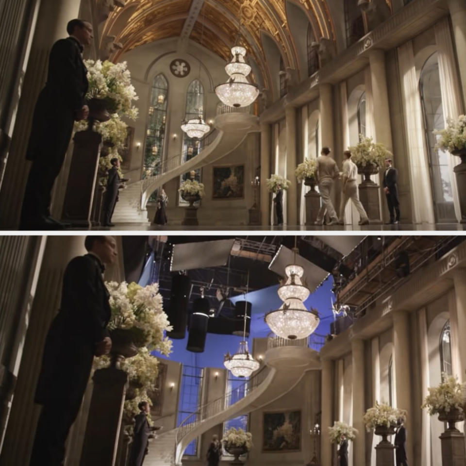 An interior scene with an ornate ceiling instead of a plain blue backdrop