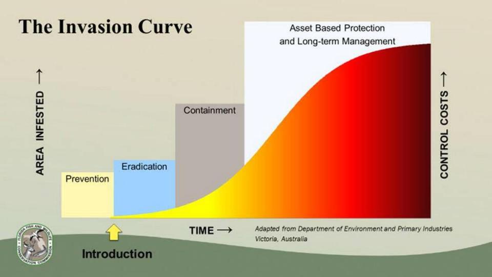 The Invasion Curve shows how management costs keep growing if an invasive species isn’t controlled early on in the infestation process