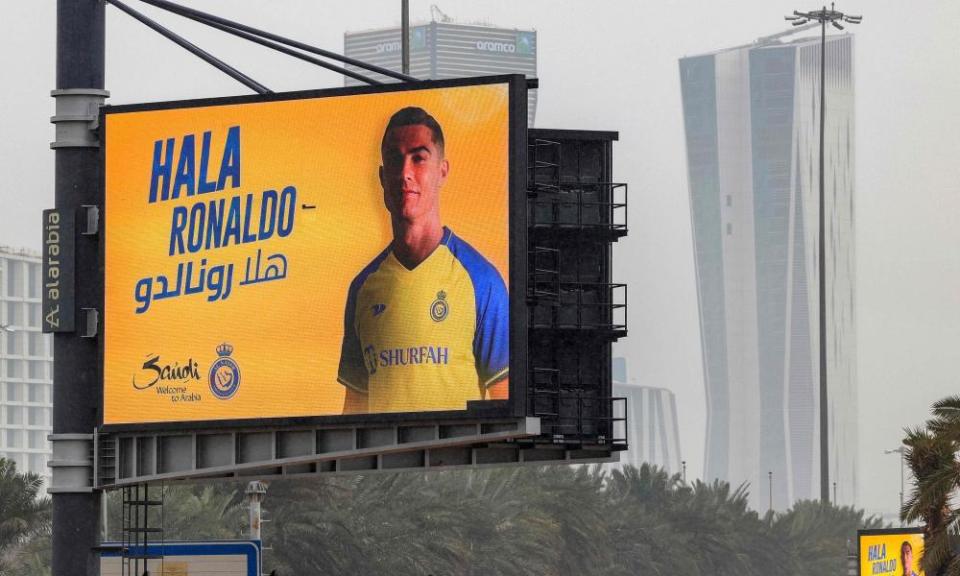 A billboard welcomes Saudi football club Al-Nassr’s Cristiano Ronaldo in Saudi Arabia’s capital Riyadh.