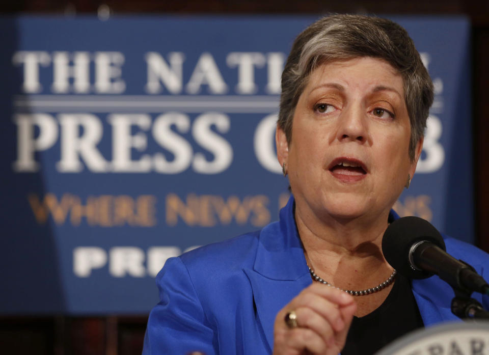 Former Secretary of Homeland Security Janet Napolitano gives her final speech in that office at the National Press Club in Washington on Aug. 27, 2013.&nbsp; (Photo: Larry Downing / Reuters)