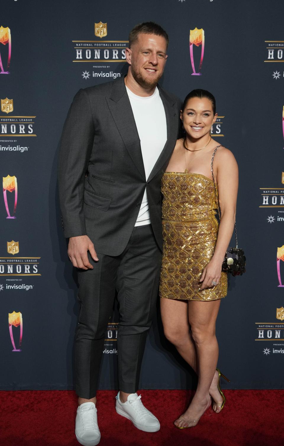 J.J. Watt with his wife Kealia appear on the red carpet prior to the NFL Honors awards presentation.