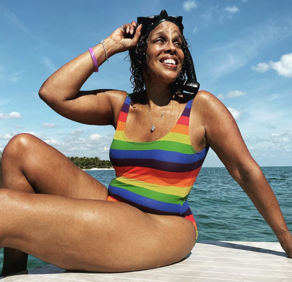 King proudly showed off her curves in a striped one-piece suit. (Photo: Gayle King Instagram)