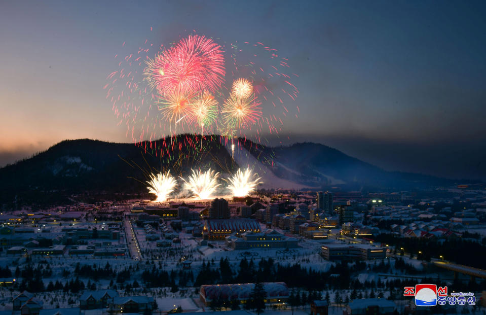 Fireworks explode above during a ceremony celebrating the completion of township of Samjiyon County, North Korea, in this undated picture released by North Korea's Central News Agency (KCNA) on December 2, 2019. KCNA via REUTERS – THIS IMAGE WAS PROVIDED BY A THIRD PARTY. REUTERS IS UNABLE TO INDEPENDENTLY VERIFY THIS IMAGE.