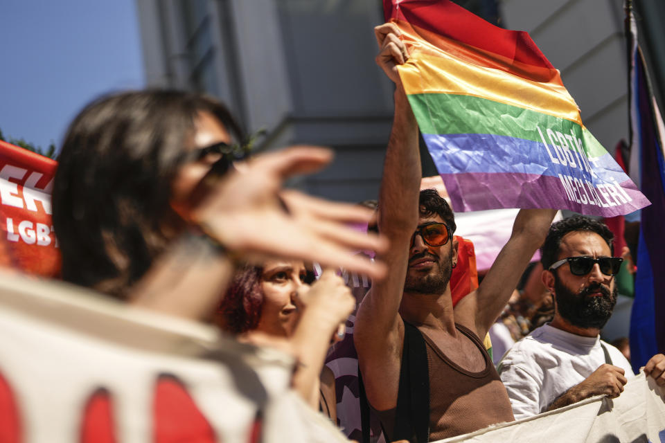 People take part in the annual LGBTQ+ Pride March in Istanbul, Turkey, Sunday, June 30, 2024. (AP Photo/Emrah Gurel)