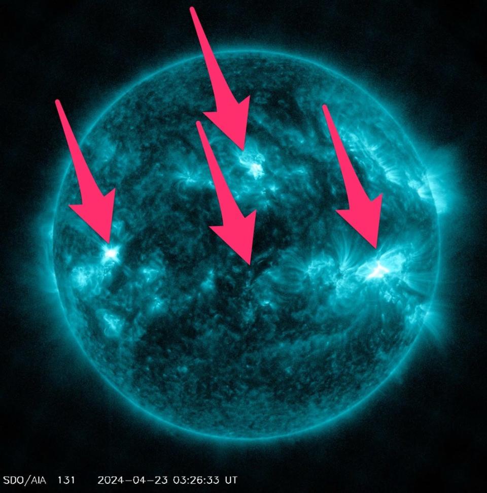 Eruptionen traten an vier Stellen der Sonne gleichzeitig auf. - Copyright: NASA Solar Dynamics Observatory