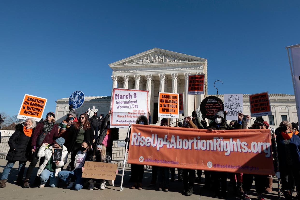 WASHINGTON, DC - JANUARY 22: Activists attend a rally put on by the "Rise Up 4 Abortion Rights" group in front of the U.S. Supreme Court on January 22, 2022 in Washington, DC. On the 49th anniversary of Roe v. Wade Supreme Court decision, groups from pro abortion and anti abortion groups demonstrated outside of the Supreme Court.