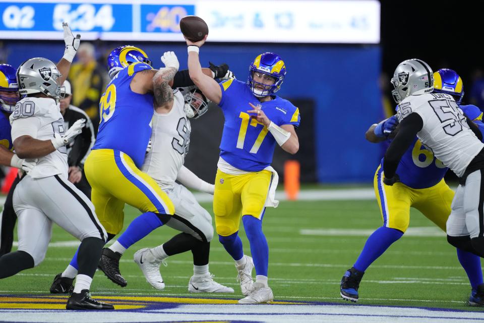 Dec 8, 2022; Inglewood, California, USA; Los Angeles Rams quarterback <a class="link " href="https://sports.yahoo.com/nfl/players/30971" data-i13n="sec:content-canvas;subsec:anchor_text;elm:context_link" data-ylk="slk:Baker Mayfield;sec:content-canvas;subsec:anchor_text;elm:context_link;itc:0">Baker Mayfield</a> throws the ball in the first half against the Las Vegas Raiders at SoFi Stadium. Mandatory Credit: Kirby Lee-USA TODAY Sports