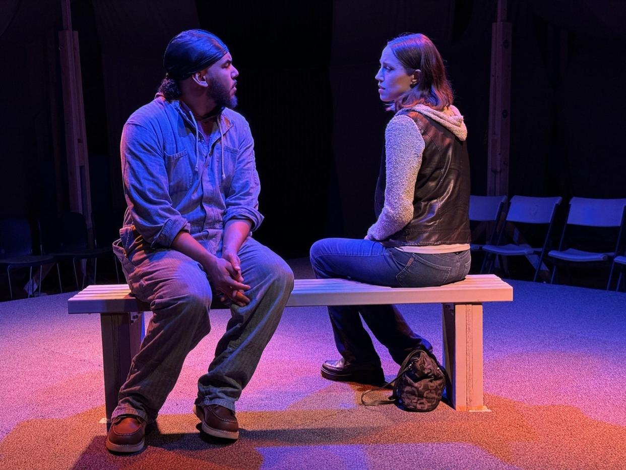 Actors Tristan Johnson and Anna Daines Rennaker portray a Palestinian man and an Israeli woman on the set of The Return. The play premiered in Israel and is now playing at the Cherry Street Village theater in Seattle.