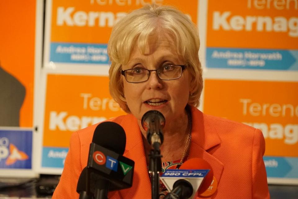 Peggy Sattler gives her victory speech after being elected as London West's MPP for another term. 