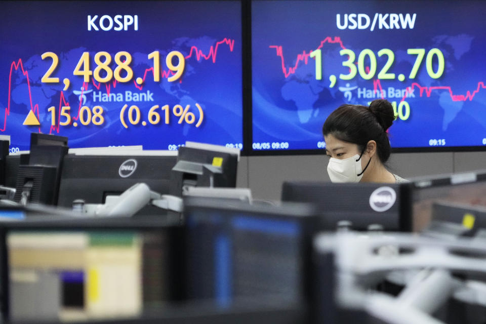 A currency trader watches monitors in front of screens showing the Korea Composite Stock Price Index (KOSPI), left, and the exchange rate of South Korean won against the U.S. dollar at the foreign exchange dealing room of the KEB Hana Bank headquarters in Seoul, South Korea, Friday, Aug. 5, 2022. Asian stock markets rose Friday ahead of U.S. job market data that might influence Federal Reserve decisions about further interest rate hikes. (AP Photo/Ahn Young-joon)