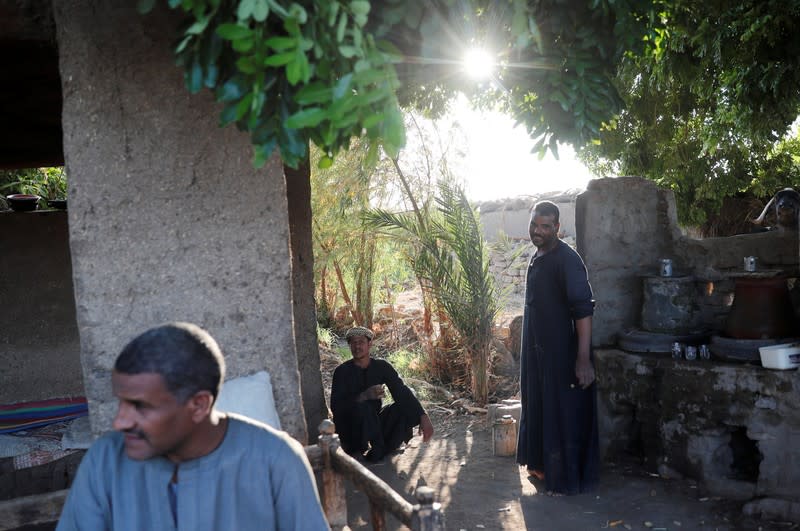 Farmers look on at their farmlands near the River Nile in Comer village in Esna south of Luxor