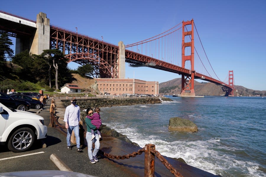 FILE – People walk along a seawall with Fort Point and the Golden Gate Bridge in the background in San Francisco, on Oct. 11, 2020. (AP Photo/Eric Risberg, File)