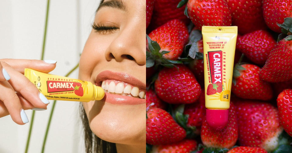 Carmex小蜜媞 推出草莓防曬SPF 15修護唇膏，能預防紫外線 UVB 的傷害，草莓口味特別療癒。
