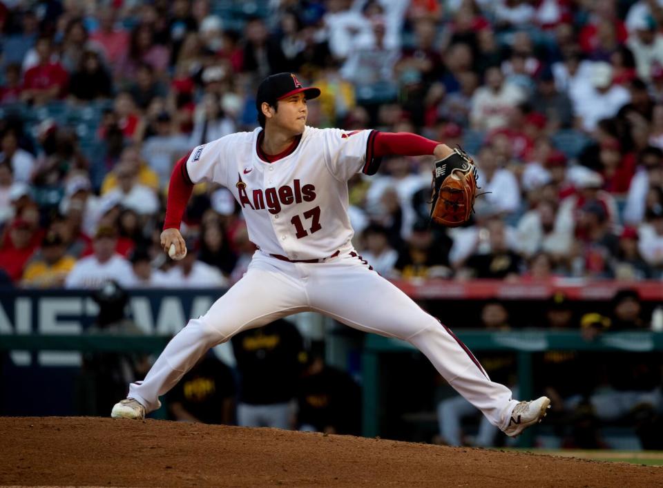 Shohei Ohtani of the Angels pitches against the Pittsburgh Pirates on July 21, 2023, in Anaheim.
