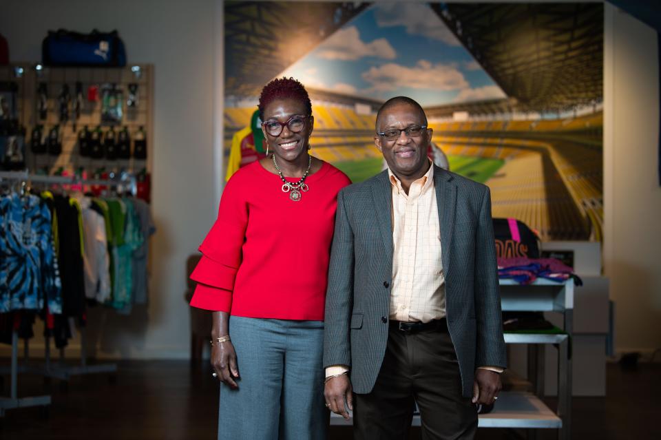 Olive and Daniel Gordon are the owners of the Soccer Plus store in the mall at Green Hills and RiverGate in Nashville, Tenn., they are the only Black-owned local retailer in Tennessee, pictured in their store, Monday, Dec. 20, 2021.