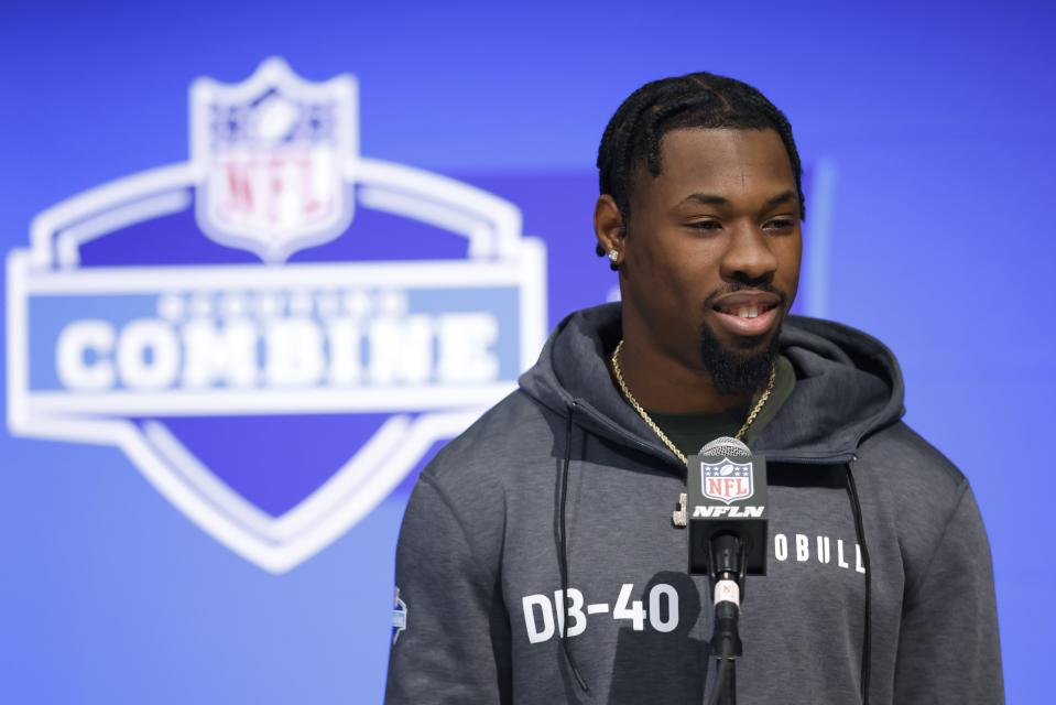 Michigan defensive back Josh Wallace speaks to the media during the 2024 NFL combine at the Indiana Convention Center on Thursday, Feb. 29, 2024, in Indianapolis.