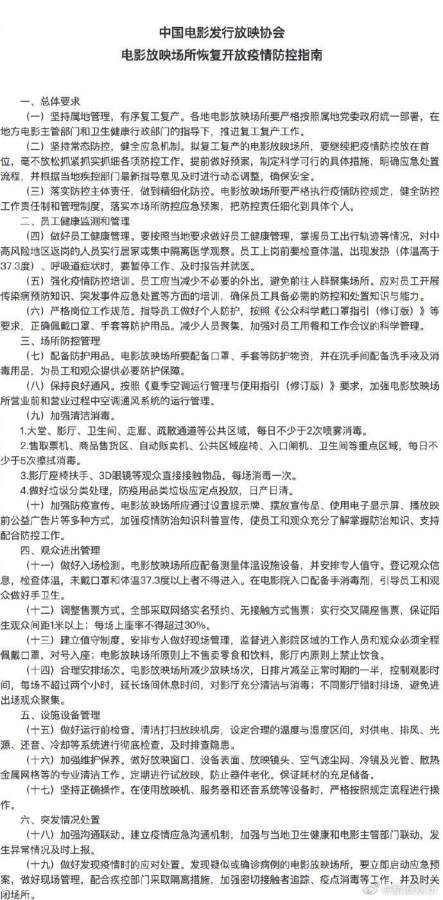 電影放映場所恢復開放疫情防控指南。（圖／翻攝自新浪娛樂微博）